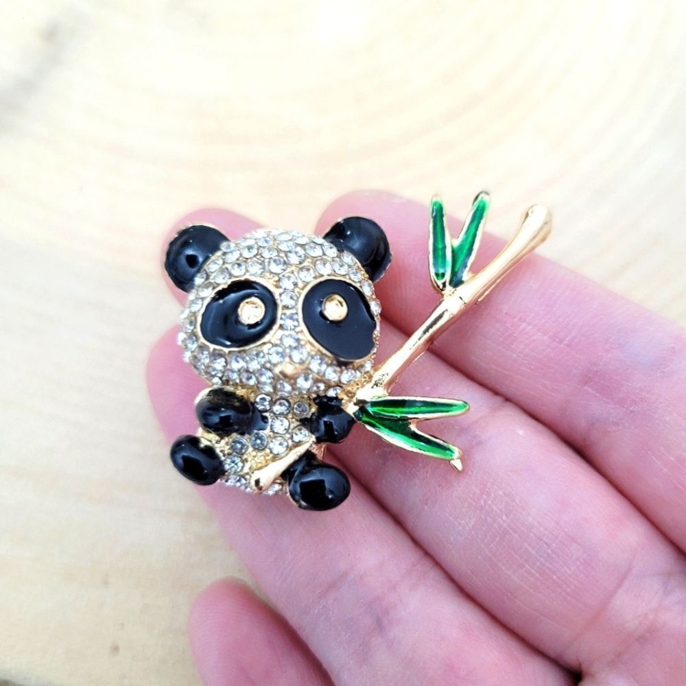 Brand New Gold Tone Panda Clear Rhinestone Brooch Pin